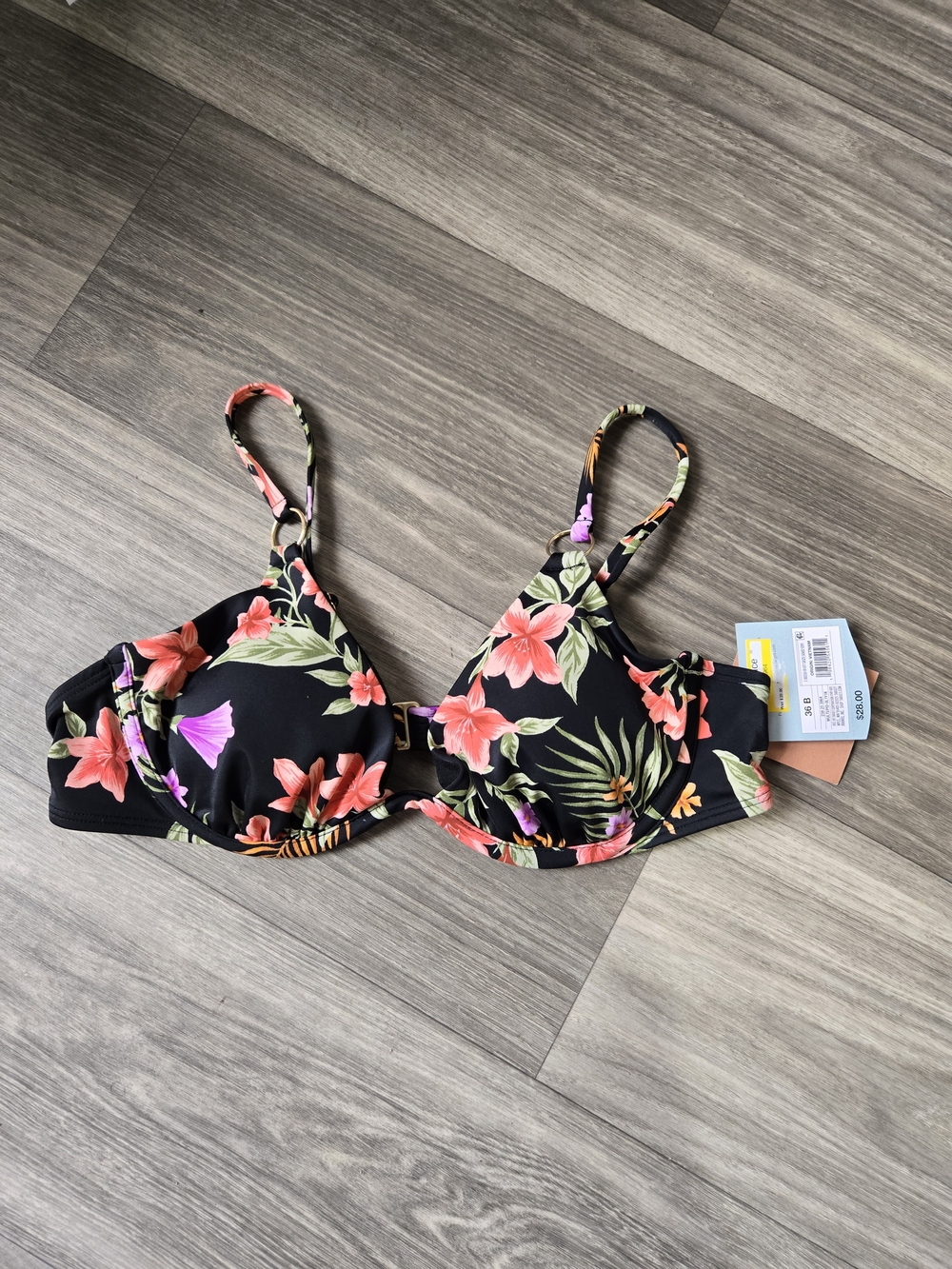 Shade & Shore Black Bikini Top with Coral, Pink & Green Floral Trim Size 36B